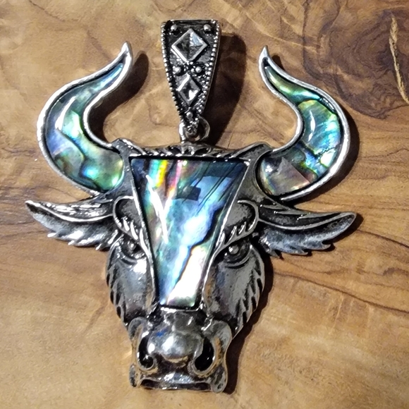 NEW Natural Rainbow Abalone Shell Titanium Steel Ox Head Pendant Bead Large Bale - Picture 5 of 7